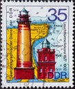 GERMANY, DDR - CIRCA 1974: a postage stamp from Germany, GDR showing the Arkona lighthouse on the Baltic Sea built in 1902 light Royalty Free Stock Photo