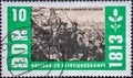 GERMANY, DDR - CIRCA 1963 : a postage stamp from Germany, GDR showing Cossacks and Landwehr on the Berlin Kreuzberg in the histor