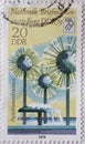 GERMANY, DDR - CIRCA 1979 : a postage stamp from Germany, GDR showing the dandelion fountain, Prager Strasse, Dresden. Stamp exhib