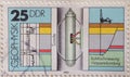 GERMANY, DDR - CIRCA 1980 : a postage stamp from Germany, GDR showing equipment and graphical representations for geophysics: bore