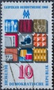 GERMANY, DDR - CIRCA 1969: a postage stamp from Germany, GDR showing layout of products in graphic representation. Text: Leipzig A