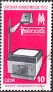 GERMANY, DDR - CIRCA 1972: a postage stamp from Germany, GDR showing an overhead projector. Text: Leipzig Autumn Fair 1972