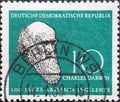 GERMANY, DDR - CIRCA 1958 : a postage stamp from Germany, GDR showing a portrait of the biologist Charles Darwin 1809-1882. Famo Royalty Free Stock Photo