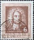 GERMANY, DDR - CIRCA 1952 : a postage stamp from Germany, GDR showing a portrait of the composer Georg Friedrich Handel. To the Ha