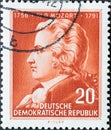 GERMANY, DDR - CIRCA 1956 : a postage stamp from Germany, GDR showing a portrait of the composer and musician Wolfgang Amadeus Mo