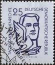 GERMANY, DDR - CIRCA 1956 : a postage stamp from Germany, GDR showing a portrait of a European with a dove of peace. For human rig
