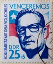 GERMANY, DDR - CIRCA 1973  : a postage stamp from Germany, GDR showing a portrait of Salvador Allende, President of Chile. Solidar Royalty Free Stock Photo