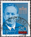 GERMANY, DDR - CIRCA 1965 : a postage stamp from Germany, GDR showing a portrait of the Soviet cosmonaut Alexej Leonow, Brandenbu