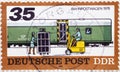 GERMANY, DDR - CIRCA 1978 : a postage stamp from Germany, GDR showing a rail mail car with two women loading the car with a forkl