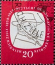 GERMANY, DDR - CIRCA 1958 : a postage stamp from Germany, GDR showing a self-portrait by the draftsman Heinrich Zille. 100th birth