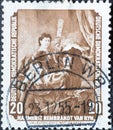 GERMANY, DDR - CIRCA 1955 : a postage stamp from Germany, GDR showing a self-portrait with Saskia by Rembrandt. Paintings from the