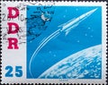 GERMANY, DDR - CIRCA 1961 : a postage stamp from Germany, GDR showing the spaceship Vostok II in orbit around the earth. Visit of