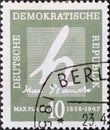 GERMANY, DDR - CIRCA 1958 : a postage stamp from Germany, GDR showing the symbol of Planck`s quantum of action, signature of the