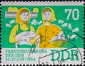 GERMANY, DDR - CIRCA 1964 : a postage stamp from Germany, GDR showing two cattle breeders with headscarves, pigs in front of pig f Royalty Free Stock Photo