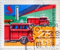 GERMANY, DDR - CIRCA 1977 : a postage stamp from Germany, GDR showing Fire watchtower, fire engine, tank fire engine. fire Departm