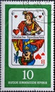GERMANY, DDR - CIRCA 1967: a postage stamp from Germany, GDR showing german playing cards: Herzunter / Herzbube