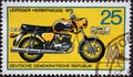 GERMANY, DDR - CIRCA 1975 : a postage stamp from Germany, GDR showing a motorcycle IFA `MZ TS 250` `. Leipzig Autumn Fair