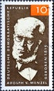 GERMANY, DDR - CIRCA 1965 : a postage stamp from Germany, GDR showing a portrait of Adolf Menzel 1815Ã¢â¬â1905, painter and graphic