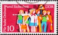 GERMANY, DDR - CIRCA 1975 : a postage stamp from Germany, GDR showing a schoolboy guides people on road safety