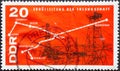 GERMANY, DDR - CIRCA 1966 : a postage stamp from Germany, GDR showing the sketch of an oil pipeline with drilling rigs, route of