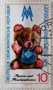 GERMANY, DDR - CIRCA 1979 : a postage stamp from Germany, GDR showing a teddy bear. Leipzig Autumn Fair