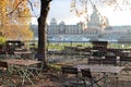 Germany, Dresden: Summer cafe veranda in the background of the city