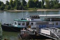 Bank of Rhine near the fairgrounds, Pier of an event ship which can be seen