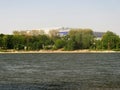 View over the blue water of the Rhine to the Arena i