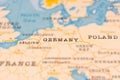 Germany in Focus on a Tilted World Map.