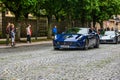 GERMANY, FULDA - JUL 2019: dark blue FERRARI CALIFORNIA Type F149 coupe is a grand touring sports car produced by the Italian Royalty Free Stock Photo