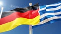 germany and greece flags waving in the wind against a blue sky. german, greece national symbols 3d rendering Royalty Free Stock Photo