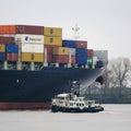 Germany, Hamburg, Elbe, April 15, 2022, portside MSC ATHENS a Container Ship under the flag of Malta, Bow section containers,