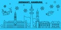 Germany, Hamburg winter holidays skyline. Merry Christmas, Happy New Year decorated banner with Santa Claus.Germany