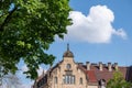 Germany, Heidelberg city. View of tile roof building, chimney and complicated upper ending part