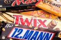 Germany - June 21, 2016: different sweets, Snickers, Mars, Twix