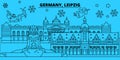 Germany, Leipzig winter holidays skyline. Merry Christmas, Happy New Year decorated banner with Santa Claus.Germany