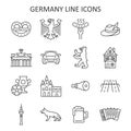 Germany line icon set. Vector collection symbol with coat of arms, sausage, car, fachwerk house, soccer ball, mug of beer,