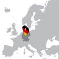 Germany Location Map on map Europe. 3d Germany flag map marker location pin. High quality map Germany.