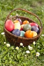 Germany, Lower Bavaria, Variety of Easter eggs in basket on grass