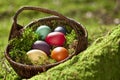 Germany, Lower Bavaria, Variety of Easter eggs in basket on moss