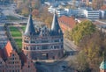 Germany, Luebeck. View from above on famous Holsten Gate Holstentor. Royalty Free Stock Photo