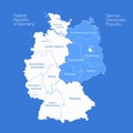 Germany map divided on West and East map, administrative divisions whit names regions, blue background