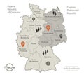 Germany map divided on West and East Germany with regions and names map, Infographics and icons