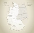 Germany map divided on West and East Germany with regions, and names map, old paper background