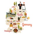 Germany map hand drawn in cartoon style. People in national dress, tourist attractions, cultural landmarks, architecture,