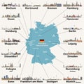 Germany map with largest cities skylines icons. Vector illustration Royalty Free Stock Photo