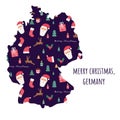 Germany map with seamless Christmas pattern. Santa Claus, candles, deer, berries, trees. Greeting card. Cartoon funny vector Royalty Free Stock Photo