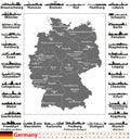 Germany map with state capitals and largest cities skylines silhouettes