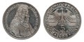 Germany 5 mark silver coin Margrave of Baden 1955 Royalty Free Stock Photo