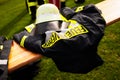 Germany, Niederstetten, Baden Wurttemberg. September 2019. Firefighters uniform with text Feuerwehr, in inglish fireman